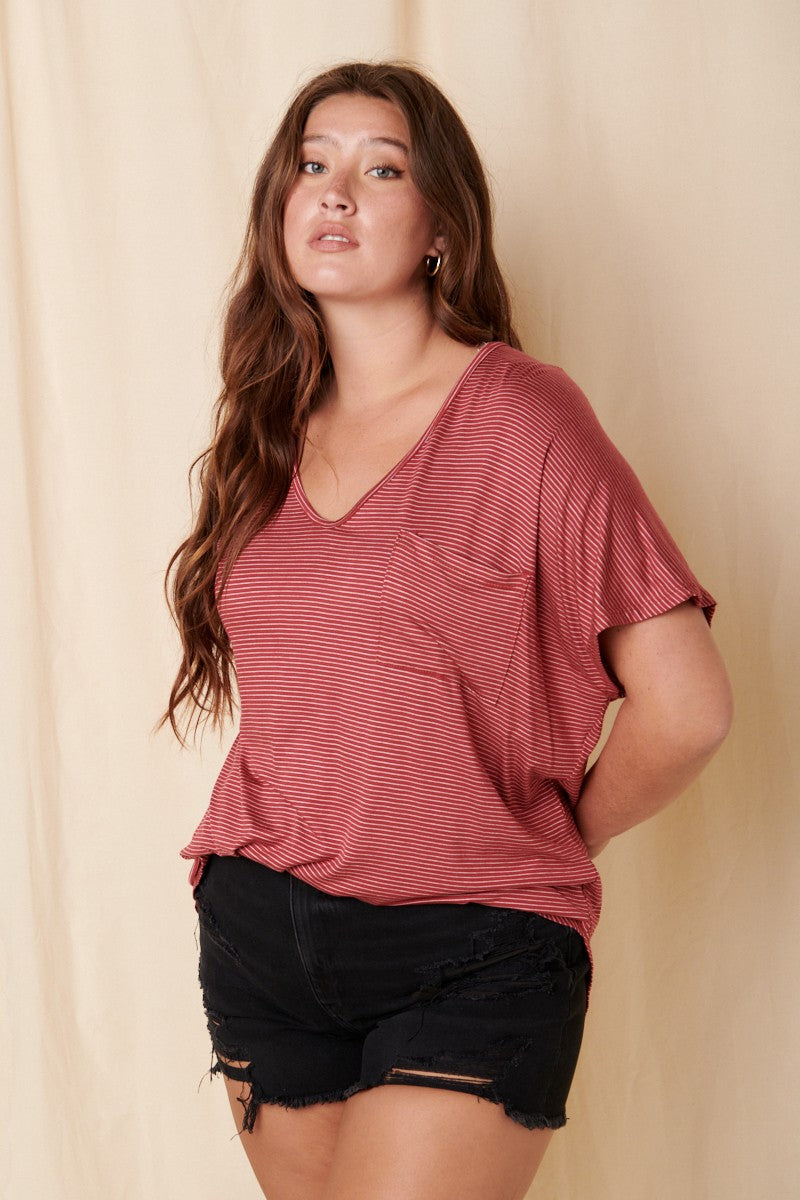 Marsala Pin Stripe Top Curvy