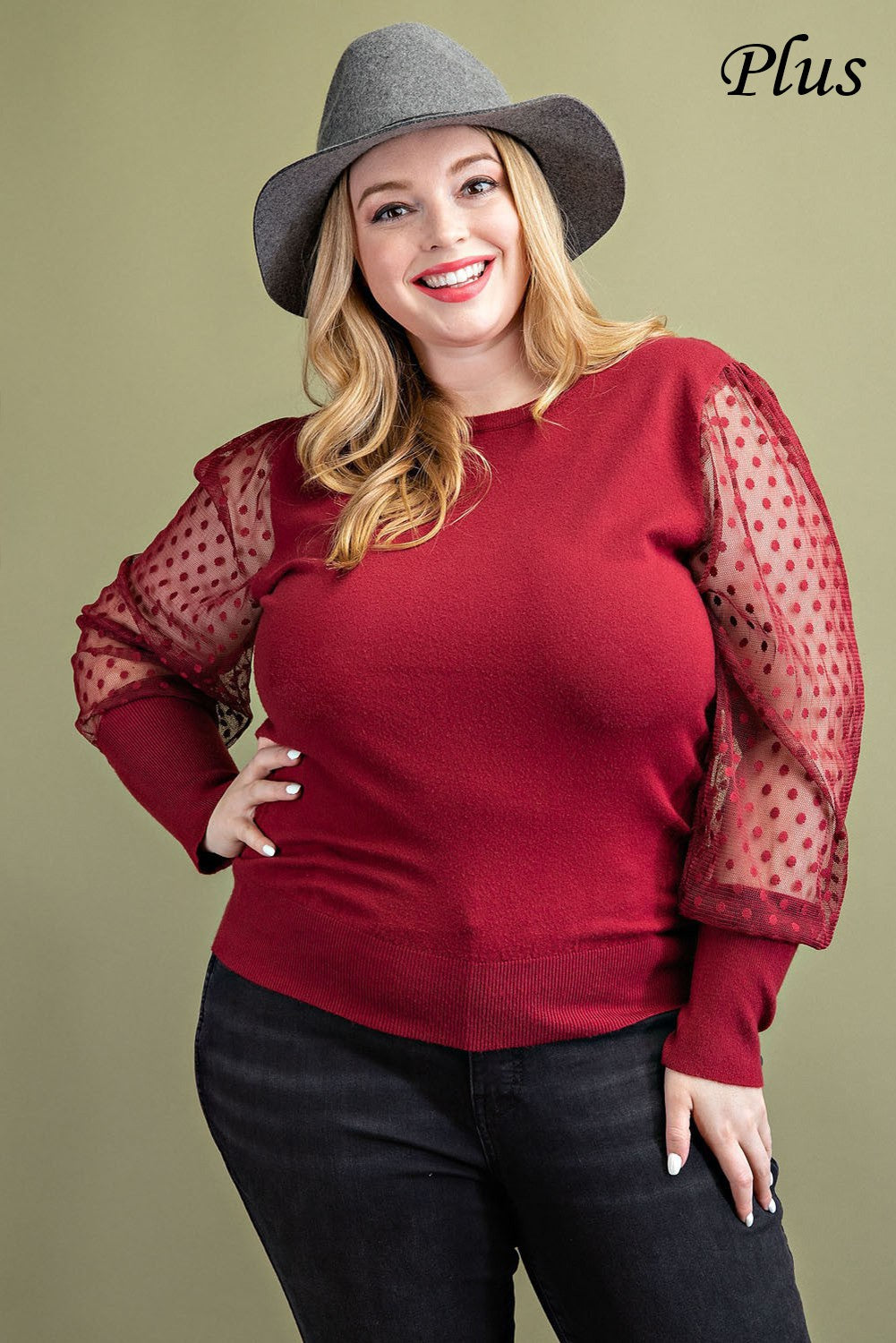 Merlot Sheer Sleeve Sweater Curvy