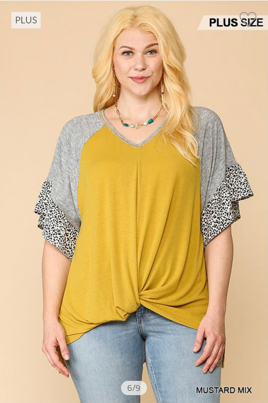 Twisted Mustard Ruffle Sleeve Top