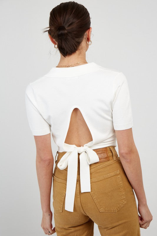 Off White Tieback Sweater Crop