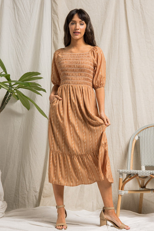 Camel Smocked Midi Dress Curvy