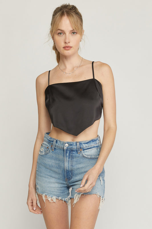 Satin Square Neck Spaghetti Strap Crop Top