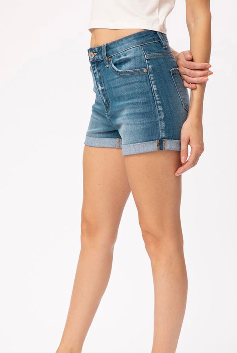 High Rise Cuffed Hem Shorts-Curvy